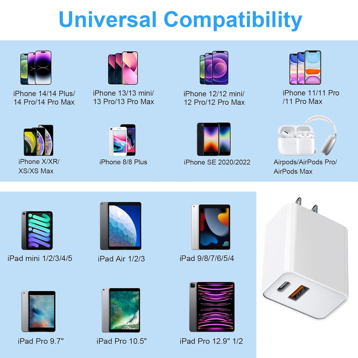 iPhone Fast Charger,[MFi Certified]2Packs 20W Dual Port PD/QC3.0 USB C Wall Charger with 6FT USB C to Lightning Cable Data Sync Cord For Apple iPhone 14 13 12 11 Pro Max X Xr Xs Max 8Plus, AirPods Pro