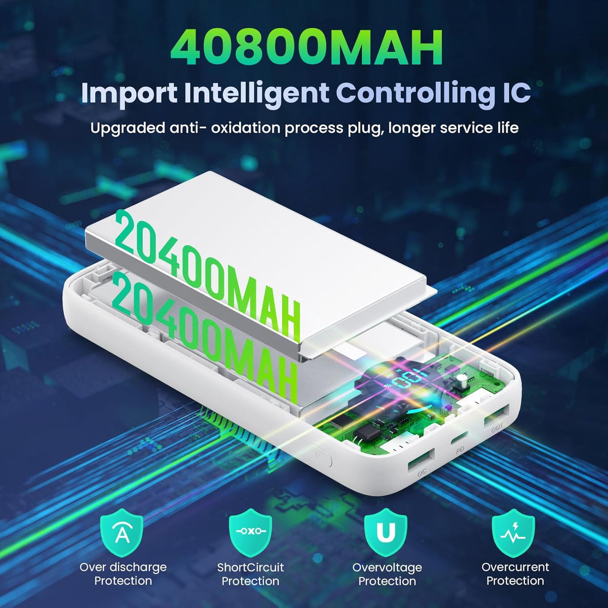 Portable Charger PowerBank 40,800mAh with 2 Built-in Cables,25W PD Fast Charging +QC 4.0 Quick Phone Charging Power Bank, 5 Outputs LCD Display USB C Battery Pack for iPhone 16/15 Android Galaxy etc