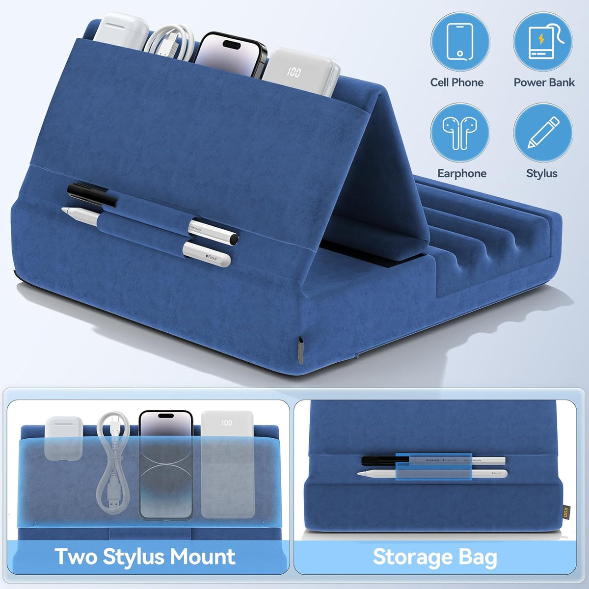 KDD Tablet Pillow Holder, Foldable iPad Stand for Lap, Bed and Desk -Tablet Soft Pad Dock with Pocket & Stylus Mount Compatible with iPad Pro 12.9, 10.5, 9.7 Air Mini 6 5 4 3, Galaxy Tab,E-Reader