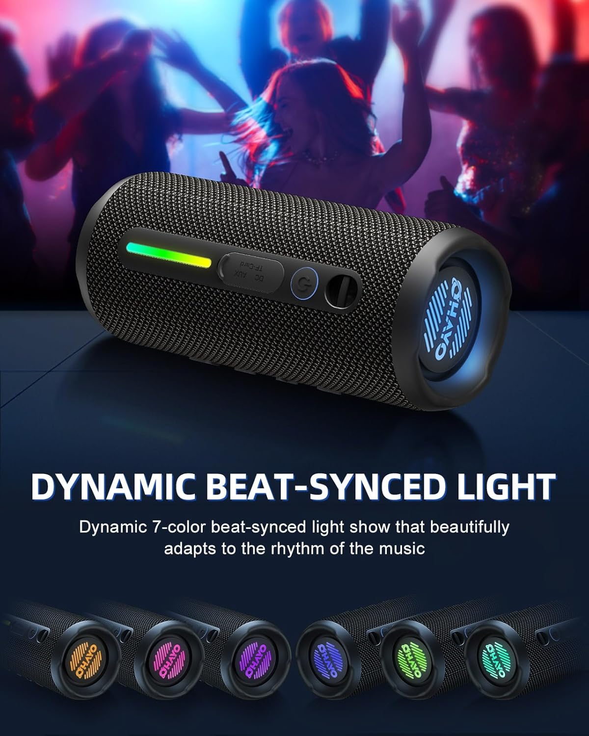 OHAYO Portable Bluetooth Speaker - IPX7 Waterproof, Wireless Stereo Pairing, 25-Hour Playtime, 24W Loud Sound, Bluetooth 5.3, Bass Boost, LED Lights, for Home/Shower/Outdoor/Beach/Travel, Gift Ideas