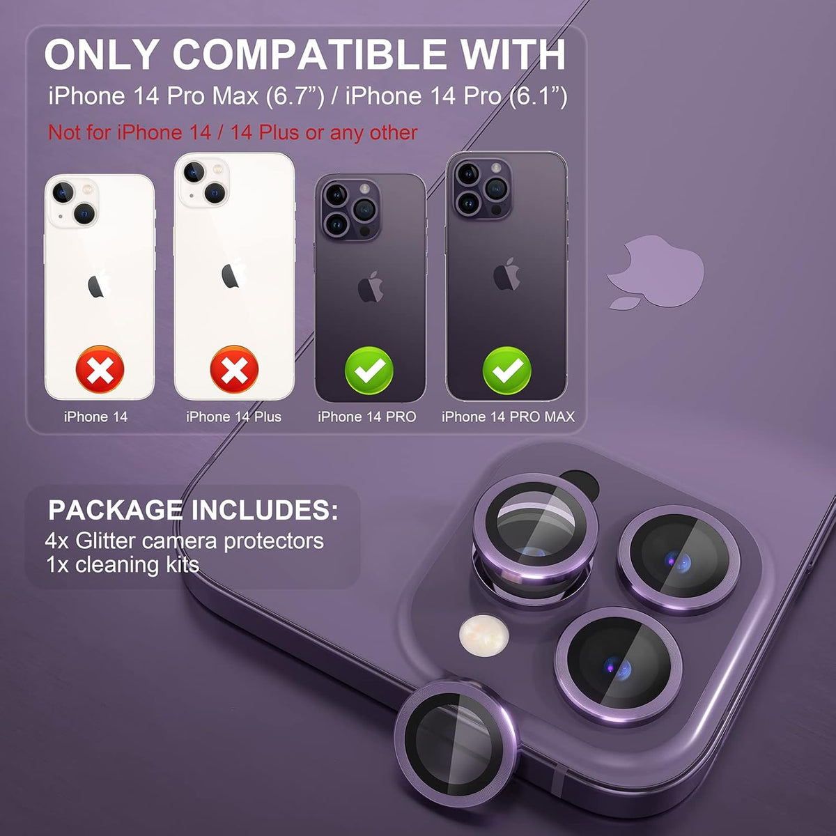 Choiche [3+1 for iPhone 14 Pro/iPhone 14 Pro Max Camera Lens Protector, 9H Tempered Glass Camera Cover Screen Protector Metal Ring Decoration Accessories (Purple)