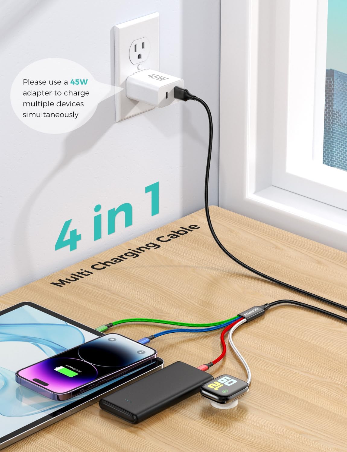 Upgraded Travel Essentials for Apple Watch Charger 4 in 1 Multi Charging Cable iWatch Charger Camping Essentials USB C/L/Micro Compatible with iWatch Series 10-1/SE/iPhone 16 15/Galaxy Android-4FT