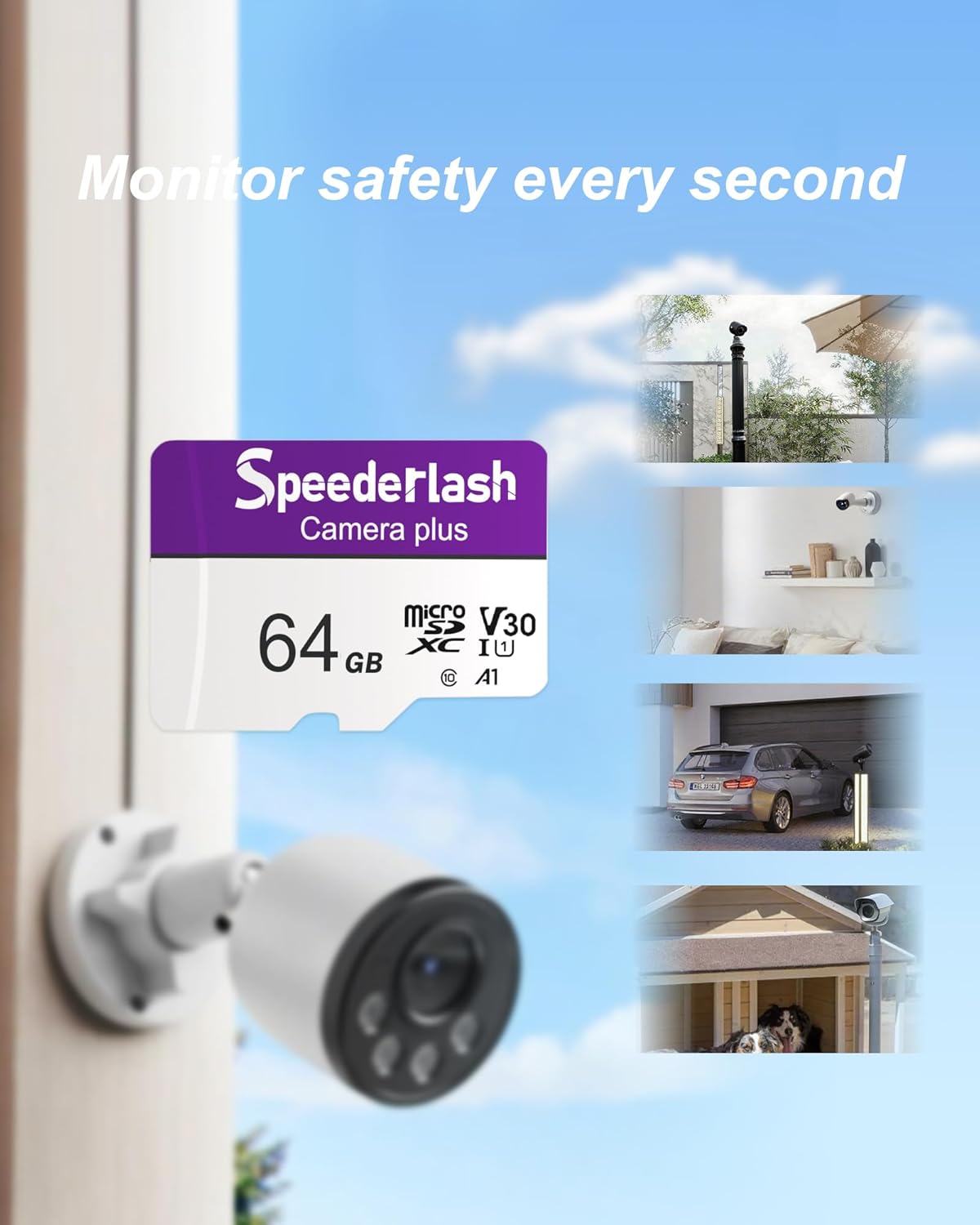 Micro SDXC Memory Card 64GB, Speederlash Camera Plus TF Card with Adapter, Up to 90MB/s Read Speed, 4K UHD&5K Video Support, U1 V30 A1 Rated, Waterproof, for Security Camera, Dashcam, Drones