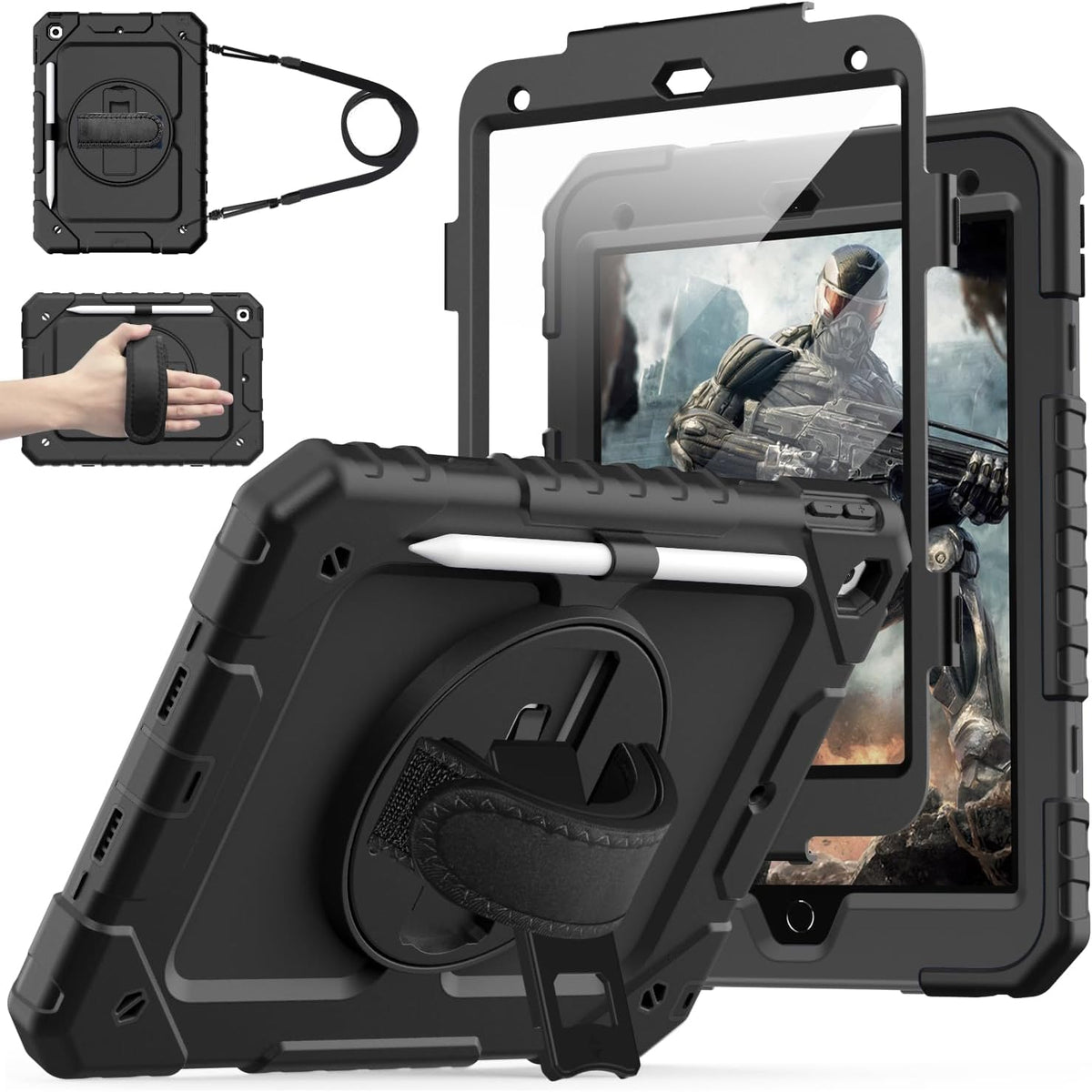 Cantis Case for iPad 9th/8th/7th Generation with Screen Protector, iPad 10.2 Case 2021/2020/2019 with 360 Degree Rotating Stand/Shoulder Strap/Pencil Holder, Black