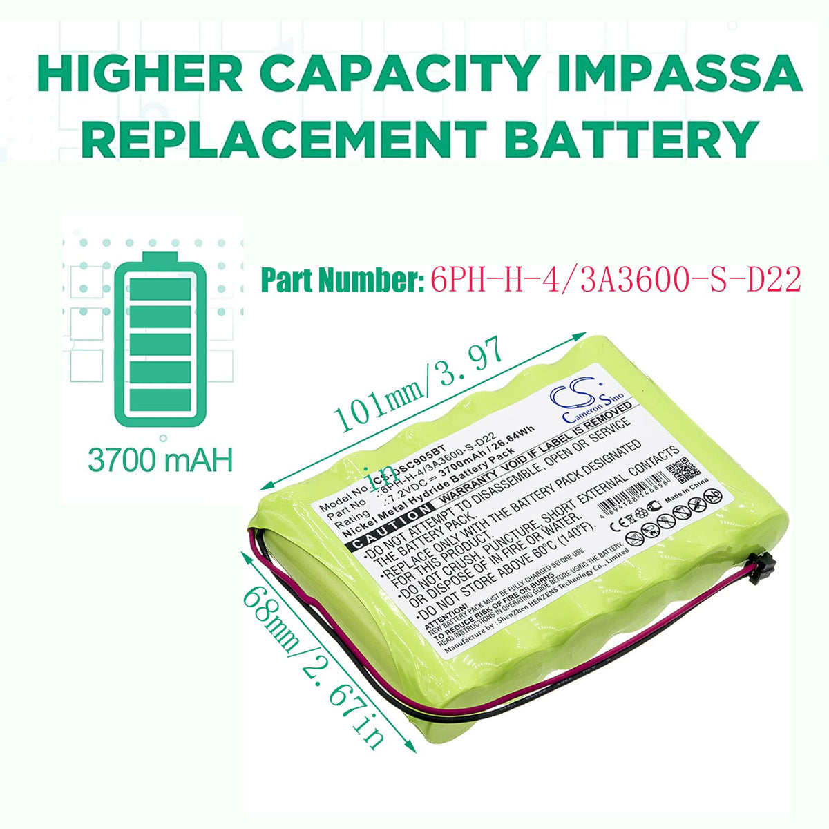 Cameron Sino 7.2V 3700mAh Battery Compatible with DSC IMPASSA 9057 2-Way Wireless Security System Alarm Panel, Rechargeable Ni-MH Battery