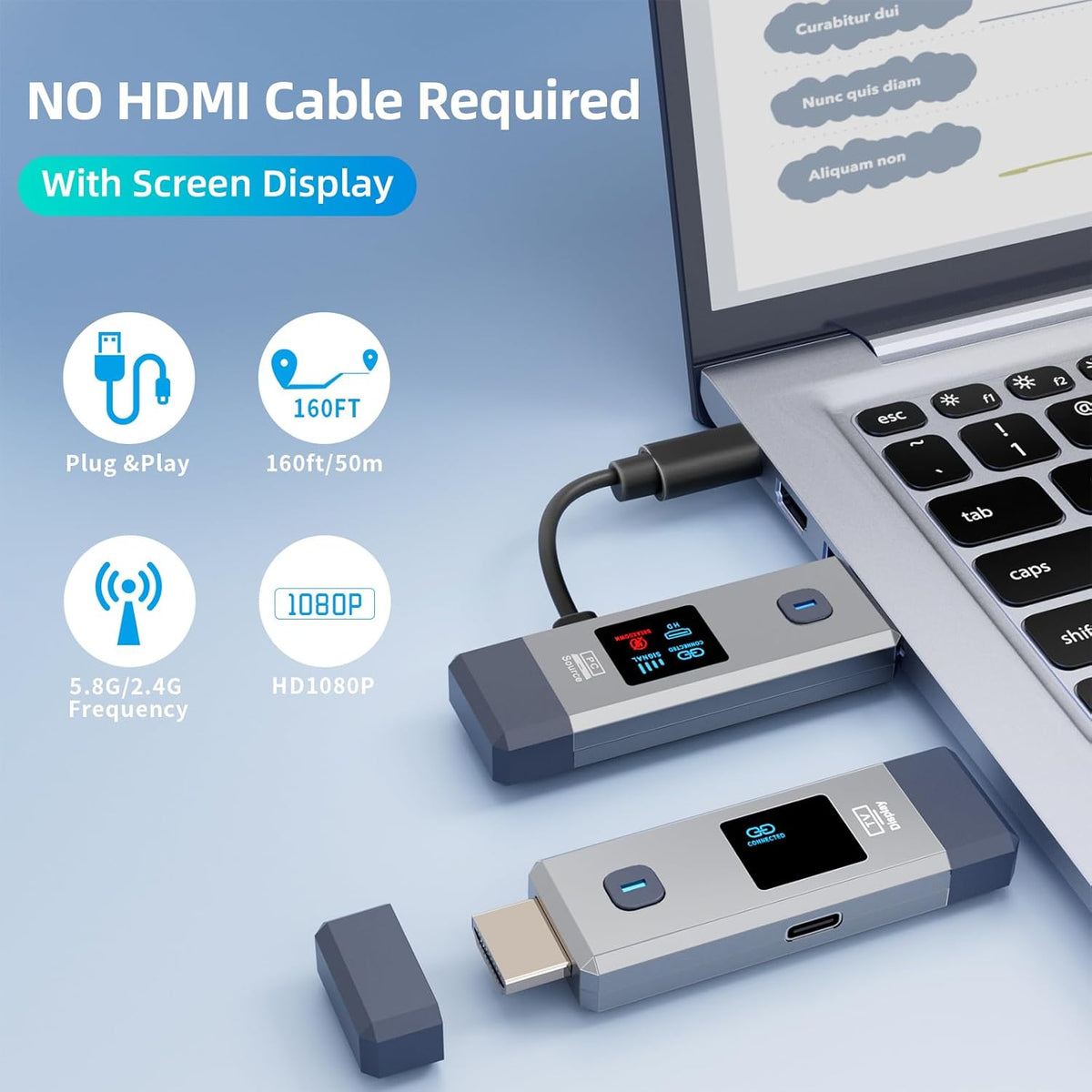 Wireless HDMI Transmitter and Receiver 165ft/50m for 4K Decode Input 1080P Output Plug&Play Portable 2.4G/5.8G for Video and Audio to Monitor from PC/Projector/TV Box, with Display Screen
