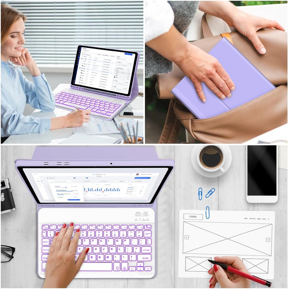 Keyboard Case for Samsung Galaxy Tab A9 Plus 5G 11 inch 2023 (SM-X210/X216/X218), 7 Color Backlit Detachable Keyboard Bluetooth, Smart Folio Cover with S Pen Holder for Galaxy Tab A9+ 11"(Purple)