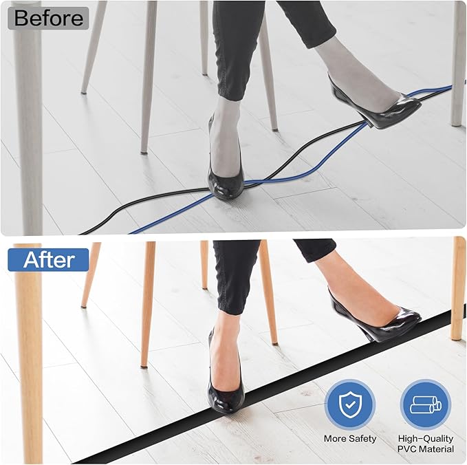 Floor Cord Cover Self Adhesive Cord Hider Floor Extension Cord Covers for Floor Power Cord Protector Cable Management Prevent Cable Trips Cable Cavity 0.47" W x 0.27" H (Black, 10Ft)
