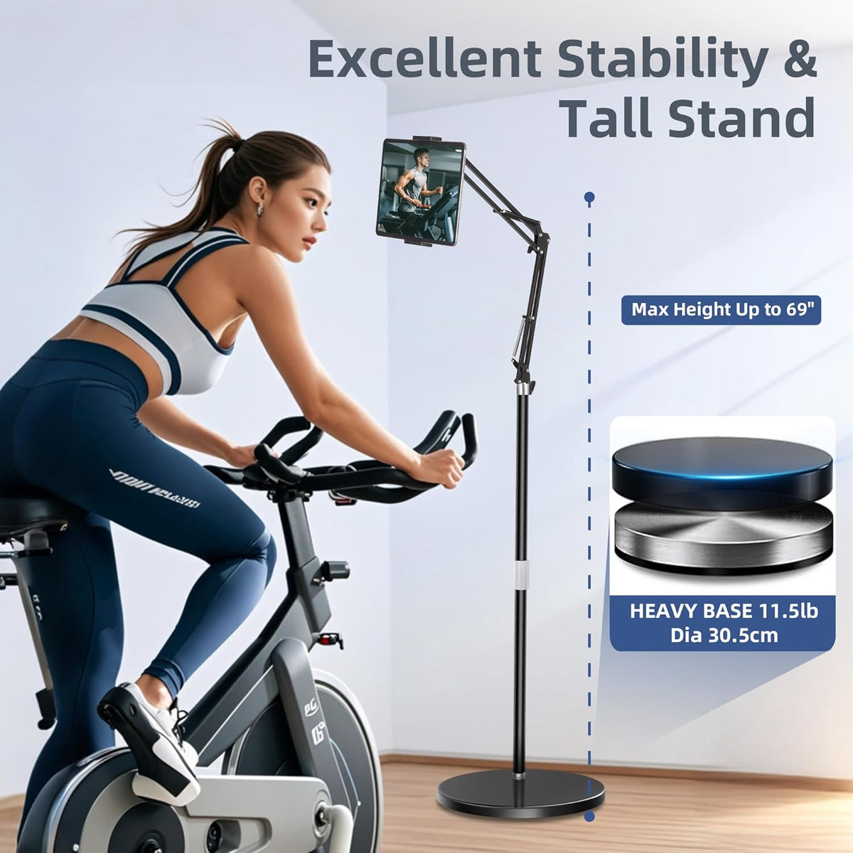 Peastrex Tablet Floor Stand with 12lb Stable Base Overhead Bed Ipad Phone Holder Mount with Adjustable Height Stretchable Arm for 4.5-13in iPad Pro Air Mini 12.9/9.7, Kindle, Galaxy Tab, CellPhones