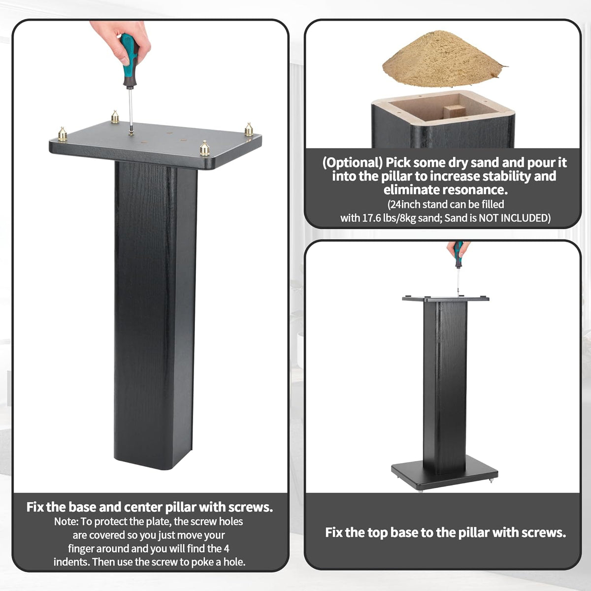 24 Inch Speaker Stands Wood Grain Universal Floor Speaker Stands Pair Heavy Duty Surround Sound Speaker Monitor Stand for Home Theater with Sand Filling Tuning Function - Black