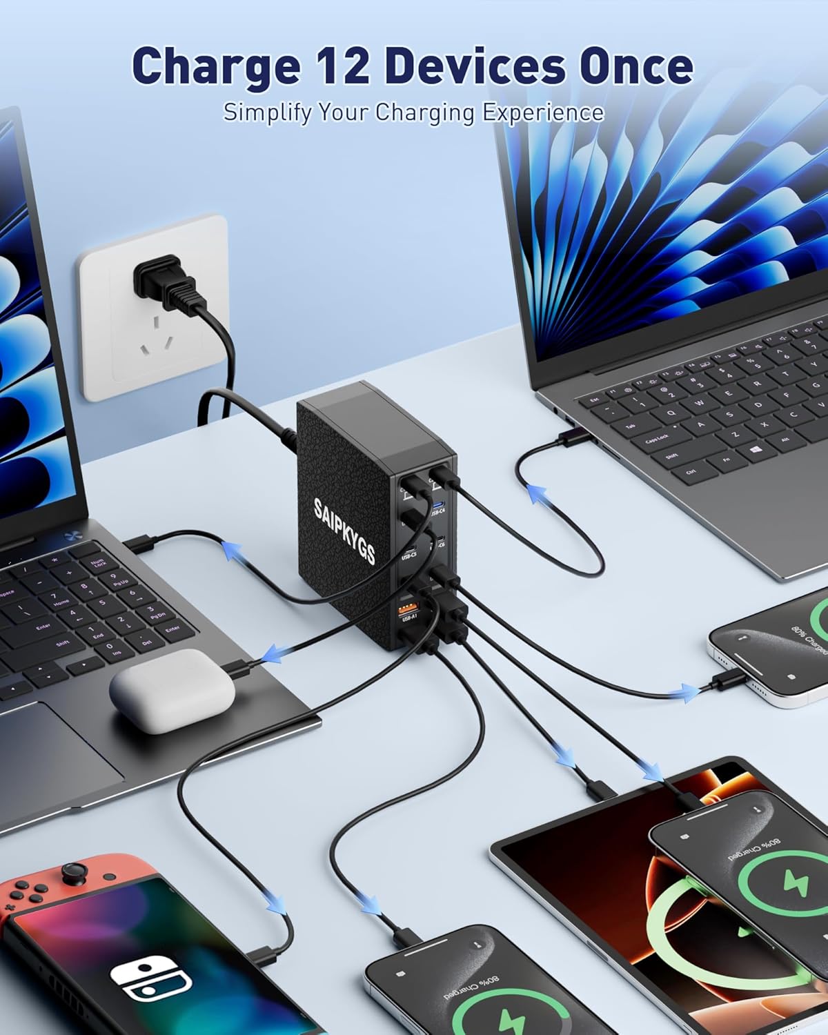 Charging Station (600W),12-Port USB C Charger Block with Dual 100W PD USB-C Fast Charging Station Hub for MacBook Pro/Air/All iPad iPhone 17/16 15/14/13/Pro Max/Samsung Galaxy Note (Black)