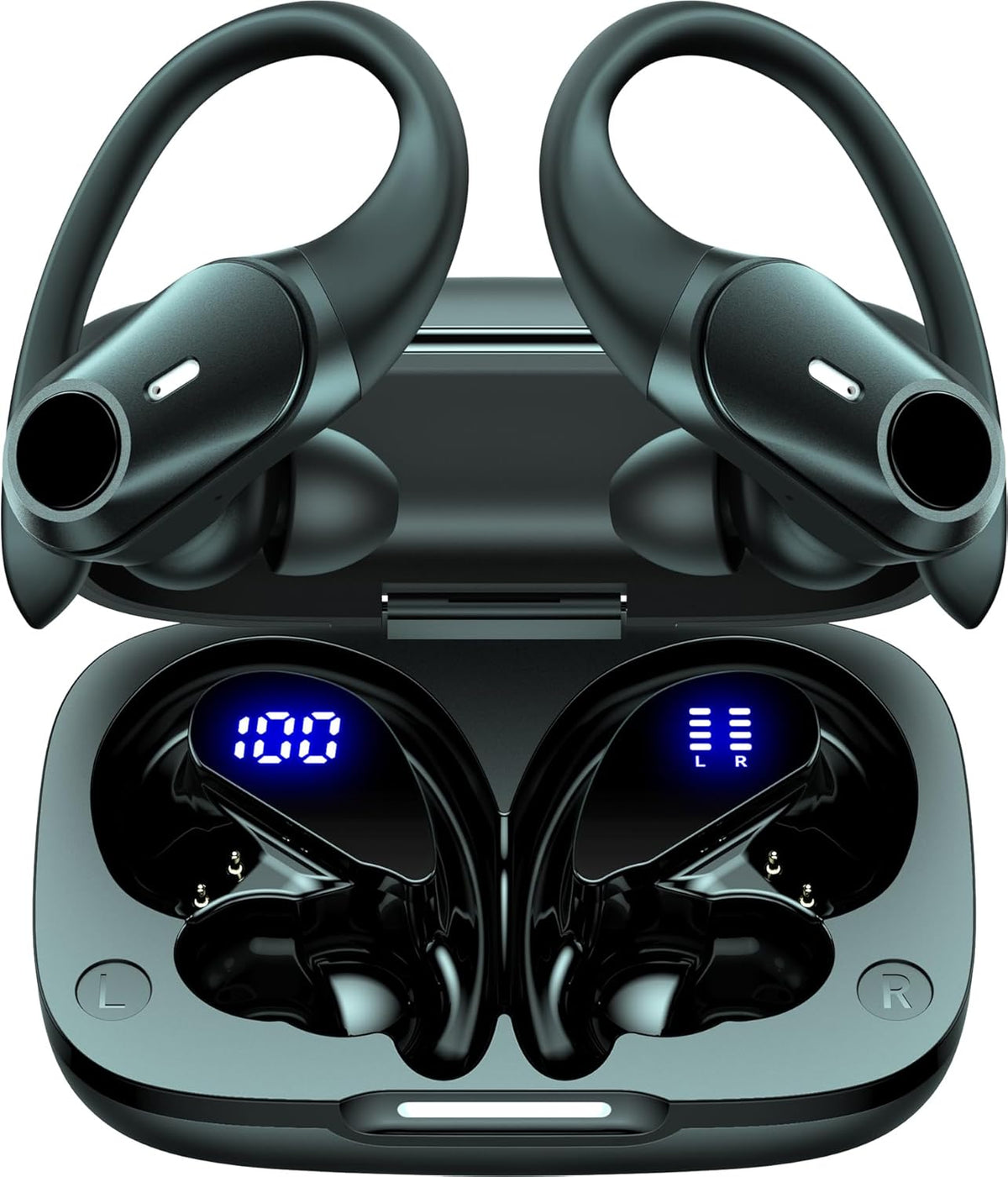 GOLREX Active Noise Cancelling Ear Buds Wireless Earbuds Bluetooth Headphones with 80H Playtime LED Display Wireless Charging Case, Over-Ear Hooks Earbud for Sports Running Gym Workout Black