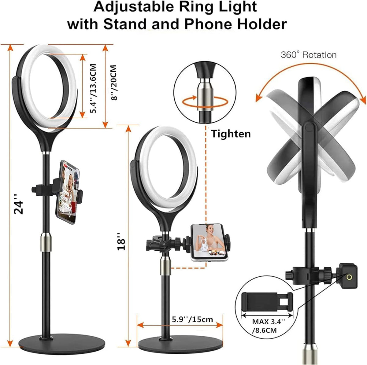 8 inch Desk Ring Light with Stand, Adjustable Computer Circle Light for Video Conference Lighting, Zoom Calls, Virtual Meeting, Video Recording, Selfie Light with Phone Holder for Streaming, Podcast