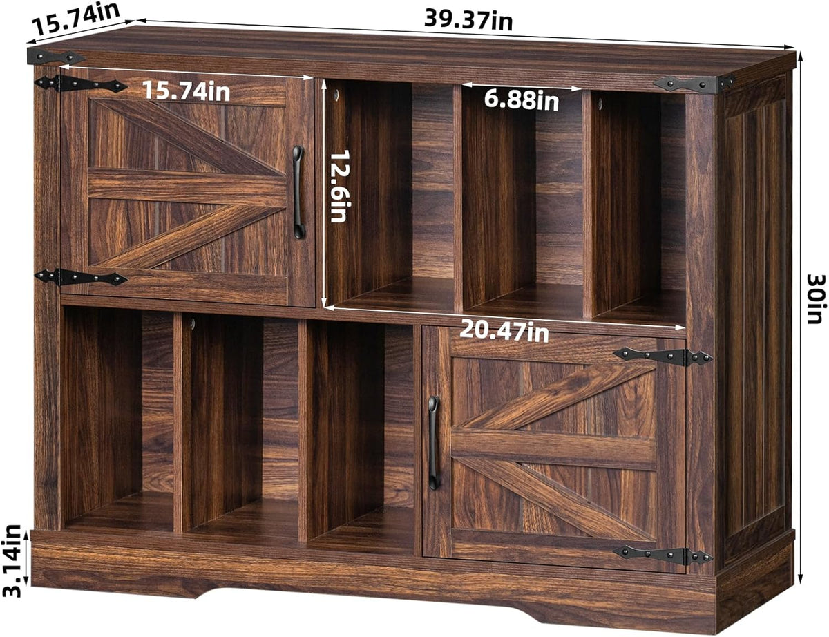 Large Record Player Stand with Vinyl Storage Up to 450 Albums, 39 Inch Farmhouse Brown Walnut Storage Cabinet with Barn Doors, Wood Vintage Mid-Century Turntable Stand for Bedroom, Living Room