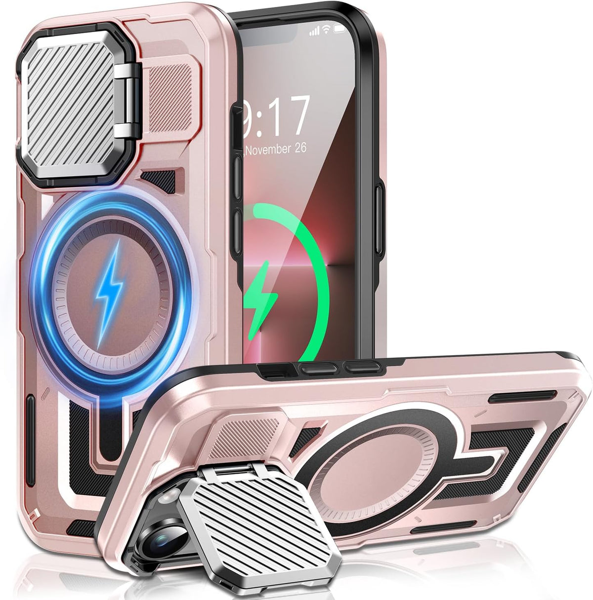 Camera Stand Case for iPhone 13 Pro, [Compatible with Mag Safe] [Lens Cover] 2024 Version Military Grade Protective Soft Case for iPhone 13 Pro 6.1 inch Men Women, Pink