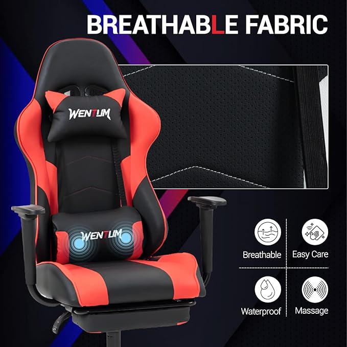 Gaming Chair with Footrest Ergonomic PC Desk Chair with Headrest and Massage Lumbar Support Video Game Chair w/Height Adjustable High Back for Home Office Red