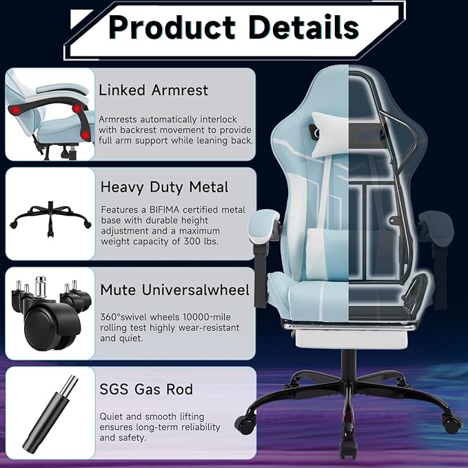 Blue 360° Swivel Gaming Chair Ergonomic Heavy Duty 330lbs Office Chair with Footrest and Massage Lumbar Support Height Adjustable High Back Reclining Gamer Chair with Headrest (Blue)