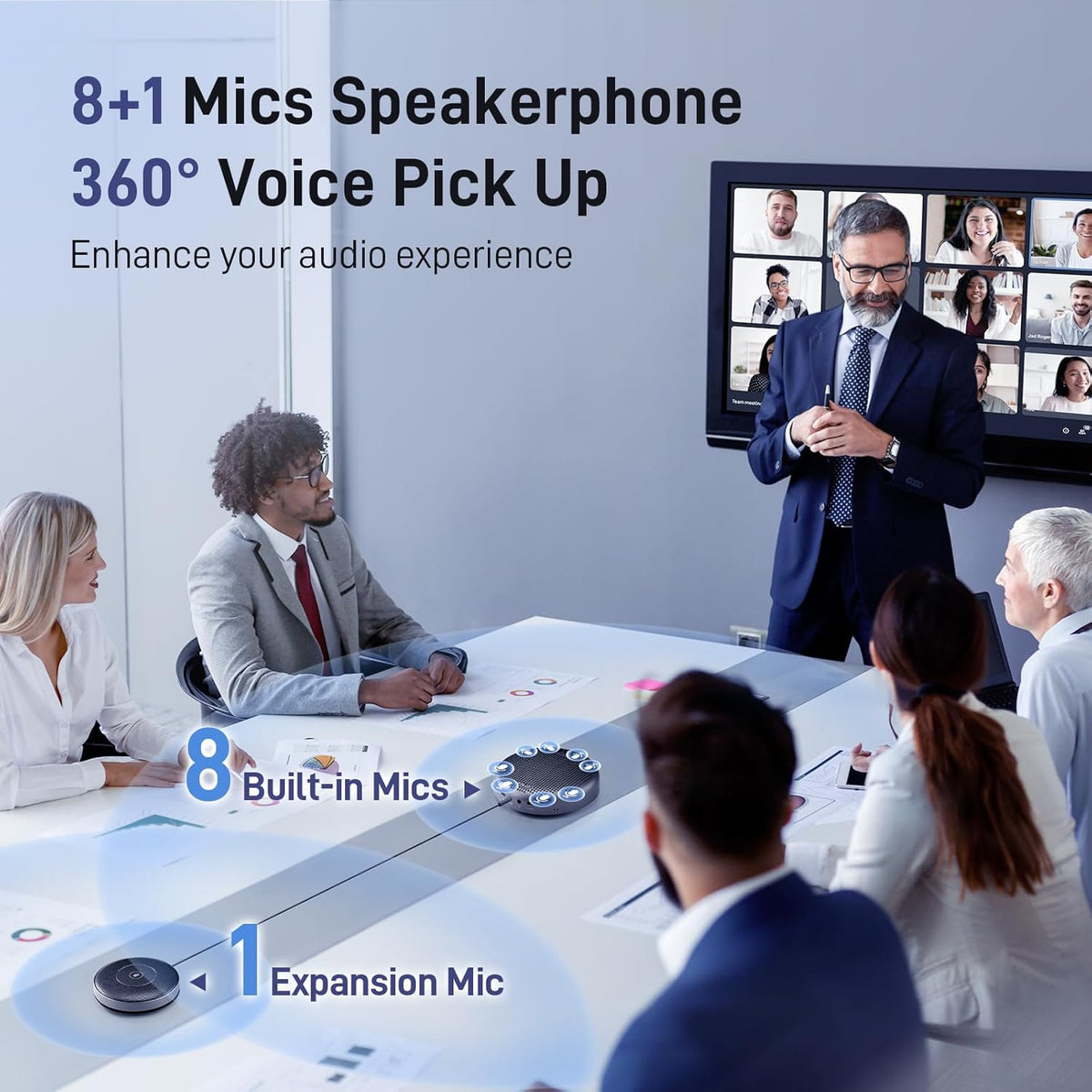 EMEET Conference Speaker and Microphone w/8+1 Mics, 360° Voice Pickup, Noise Reduce, Bluetooth/USB/Dongle Speakerphone for 14 People w/Daisy Chain for 25, Compatible w/Leading Platforms, 2024 Version