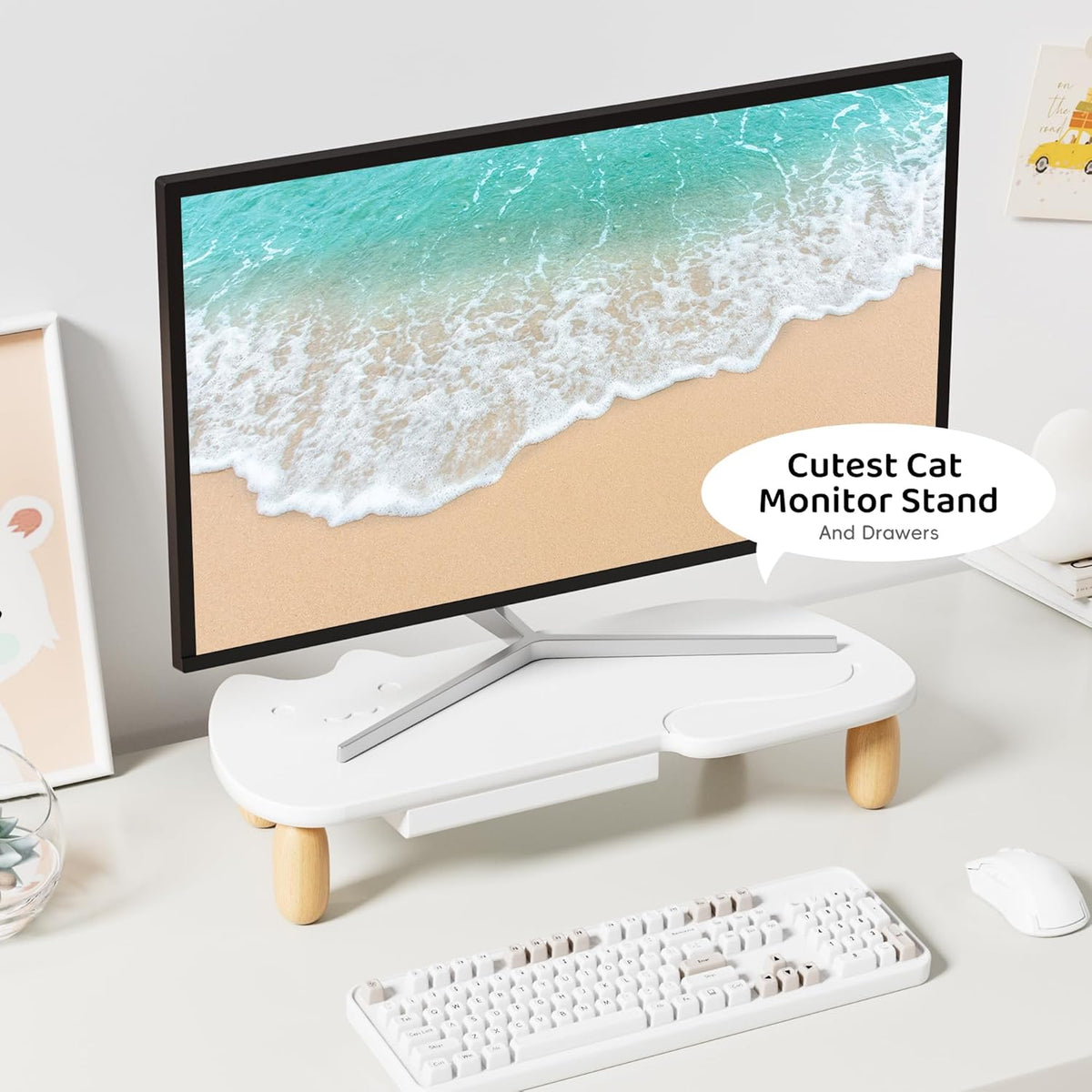 AFOOYO Monitor Stand Riser,Cat-Shaped Sturdy Wood Computer Monitor Stand, Monitor Stand Riser, Multi-Purpose Desktop