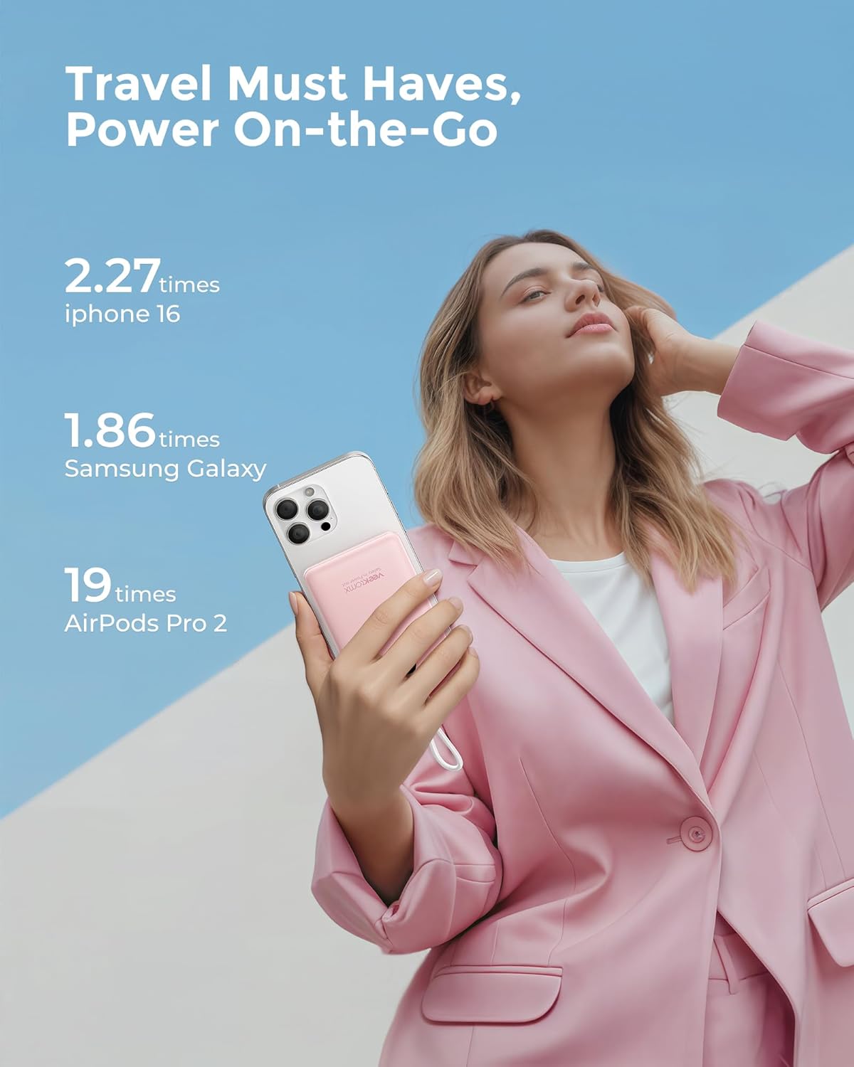VEEKTOMX Small Portable Charger, Mini Power Bank 10000mAh, PD 22.5W Fast Charging USB-C Battery Bank, Travel Essentials Dual Voltage External Portable Powerbank for iPhone/Samsung/Google Pixel, Pink
