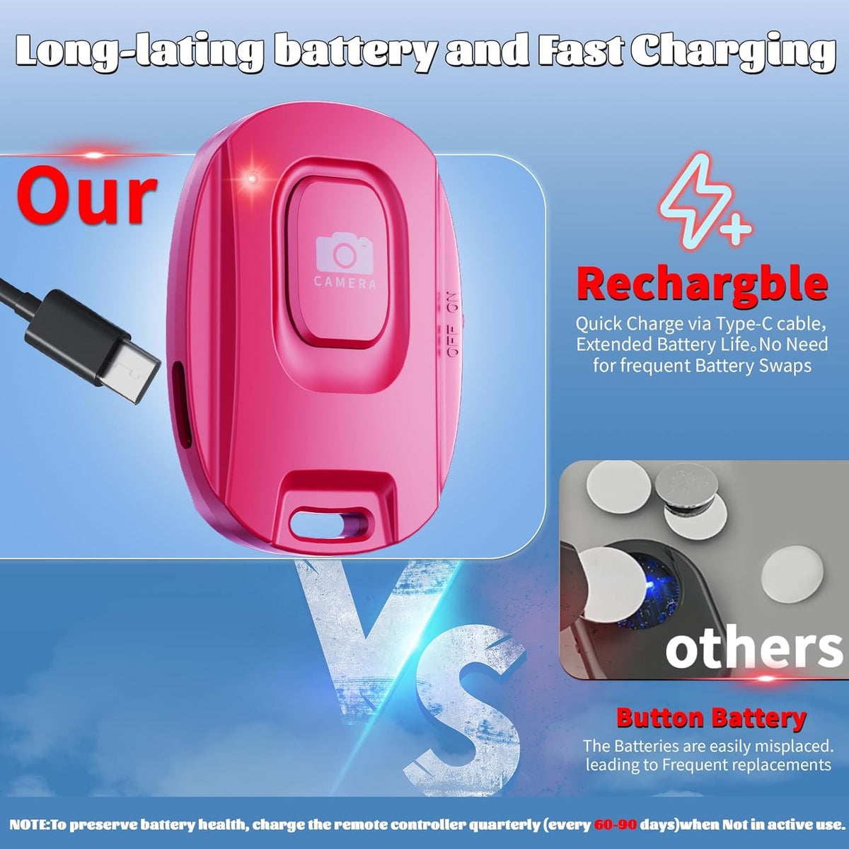 MAIRAN Rechargeable Wireless Camera Remote Shutter for iPhone and Android Smartphones, Bluetooth Phone Remote Control,Selfie Button for Photos and Videos Charging Cable Included-Pink