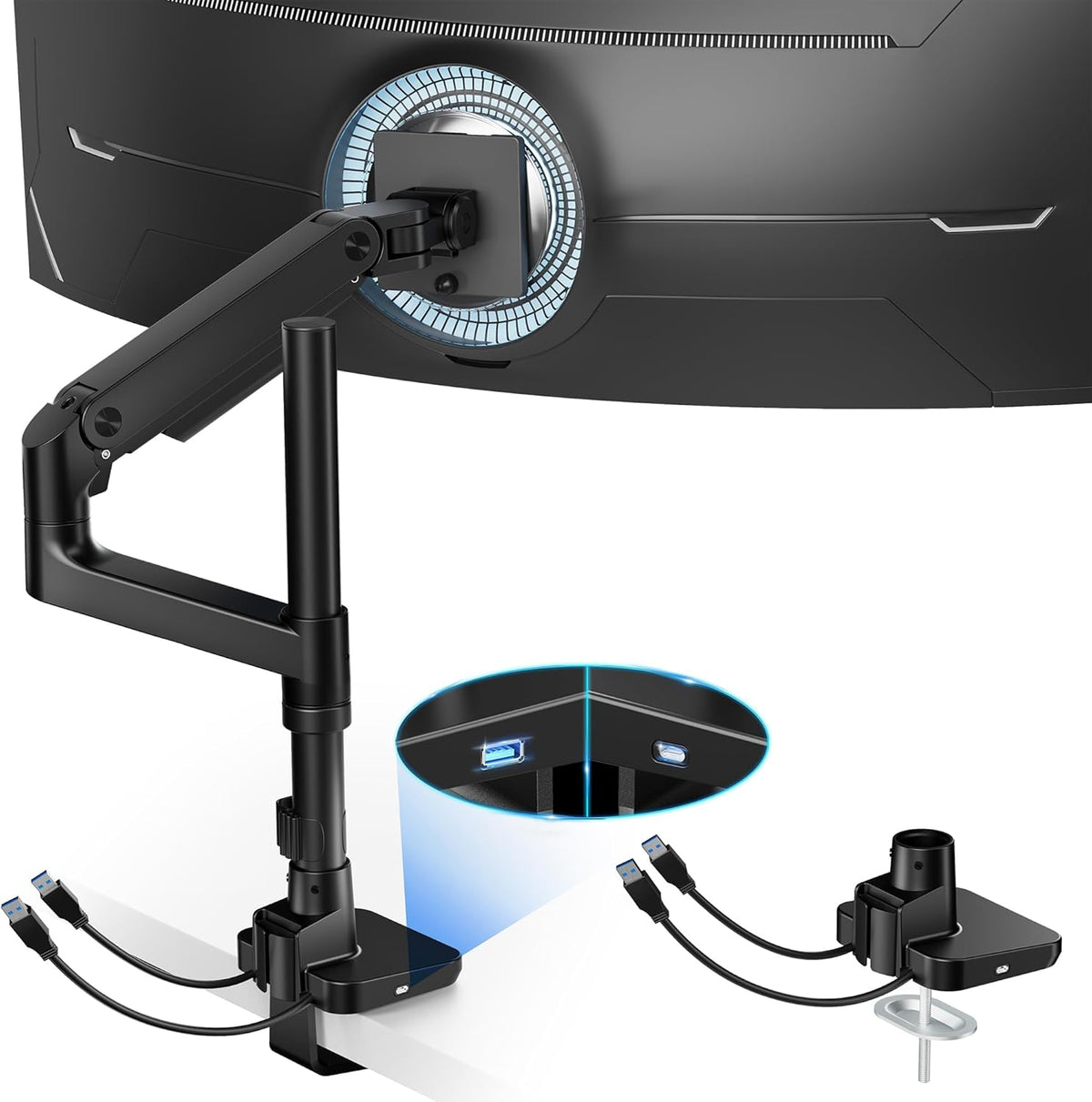 ARES WING Ultrawide Monitor Mount with USB A/C, with Extended Column for 17 to 49 inch Heavy Duty Monitor, Holds 44 lbs, Adjustable Gas Spring Desk Mount, Black