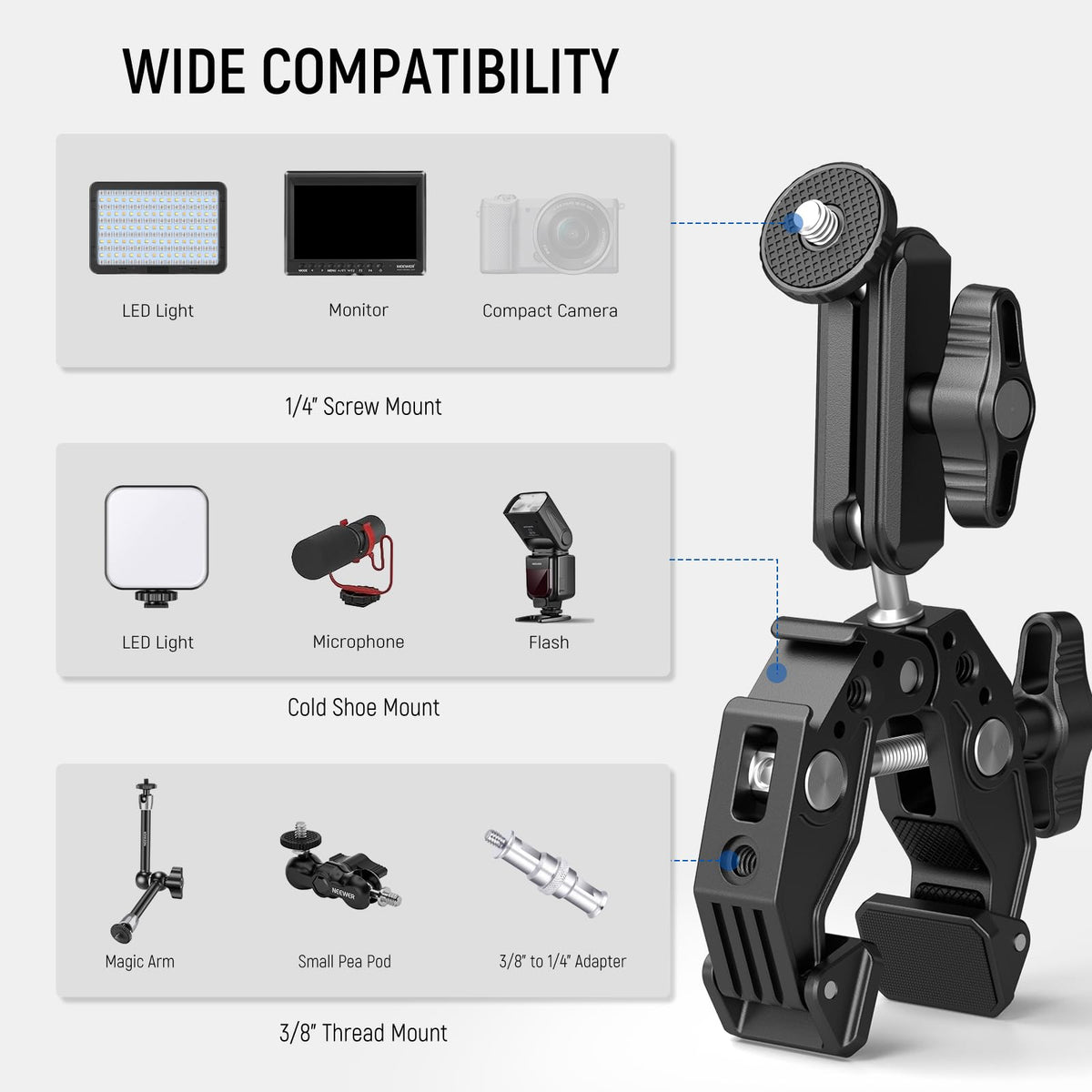NEEWER Super Clamp with 3" Dual Ballhead Magic Arm, Cold Shoe, 1/4" Threads, Phone/Action Camera Mount Adapter for Desk Tripod Tube Crossbar Gimbal Rods Compatible with SmallRig GoPro DJI, ST83