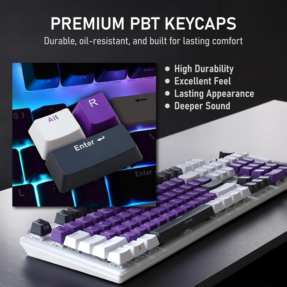 iRocks K74R Wireless RGB Illuminated Mechanical Gaming Keyboard, Hot-Swappable Switches, Floating Design, PBT 107 Keys NKRO, Detachable USB-C Cable - White Amethyst (Brown Switches)