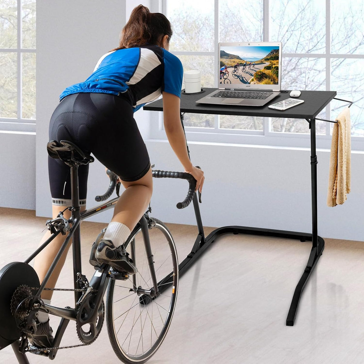 Ikkle Adjustable Bike Trainer Desk, Workstation Standing Desk for Treadmill Cycling, Cycle Trainer Stand Table for Indoor Workstation (Black)