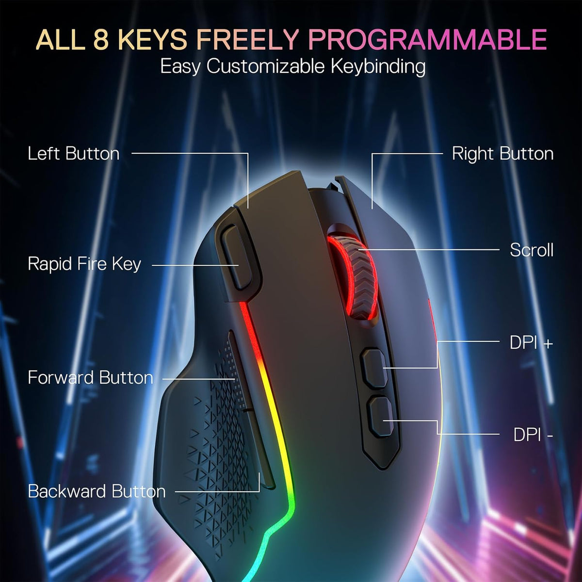 Redragon M810 MAX 3-Mode Wireless Gaming Mouse, 12000 DPI Wired/Wireless RGB Mouse w/Rapid Fire Key, 8 Macro Buttons, 188-Hour Reliable Power Capacity for PC/Mac/Laptop