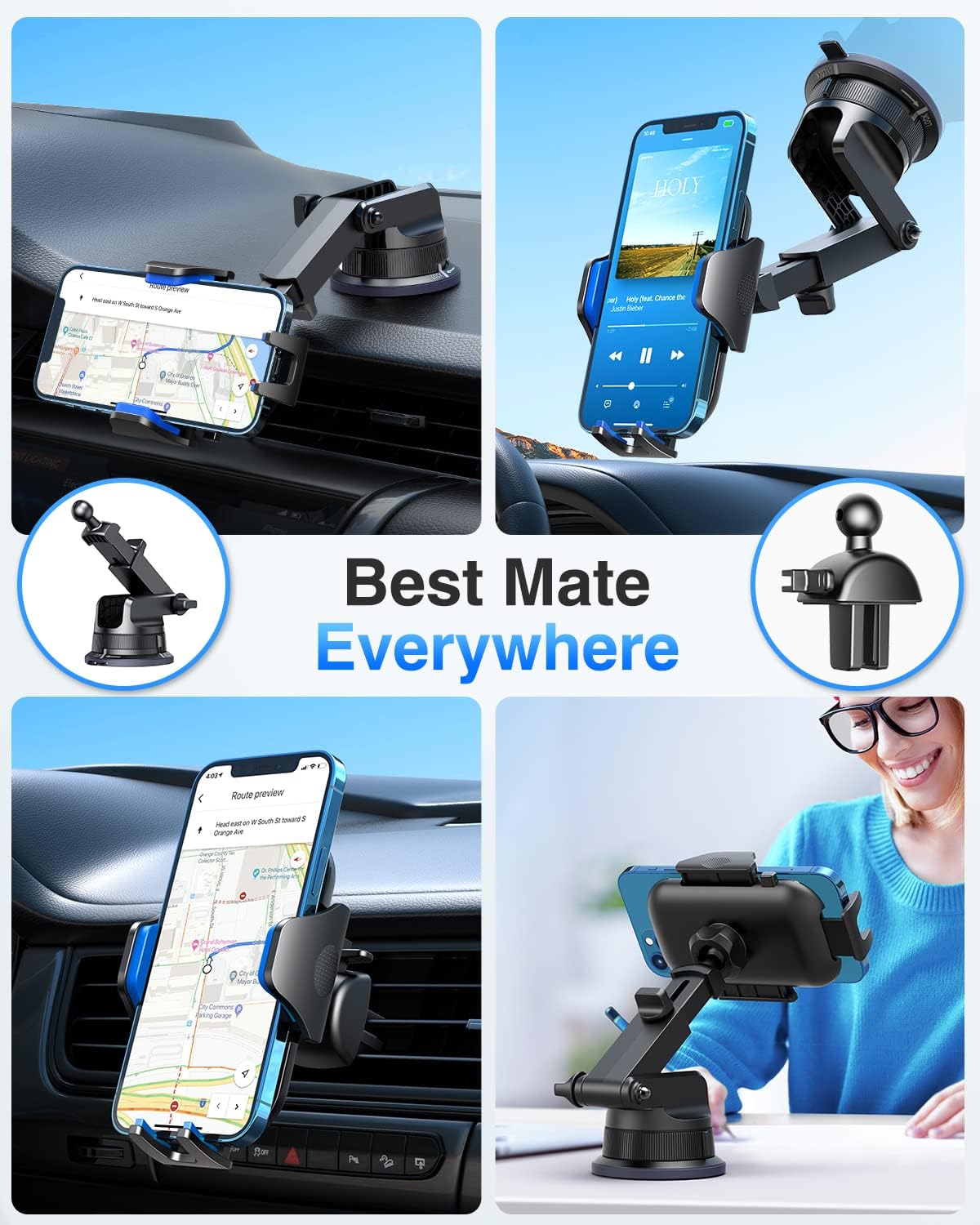 VANMASS [Pro Version] Universal Car Phone Mount [Super Suction Cup] Dashboard Phone Holder, Handsfree Windshield Dash Vent Phone Holder Car, Compatible for iPhone 16 15 14 13 Samsung LG & Truck,Blue