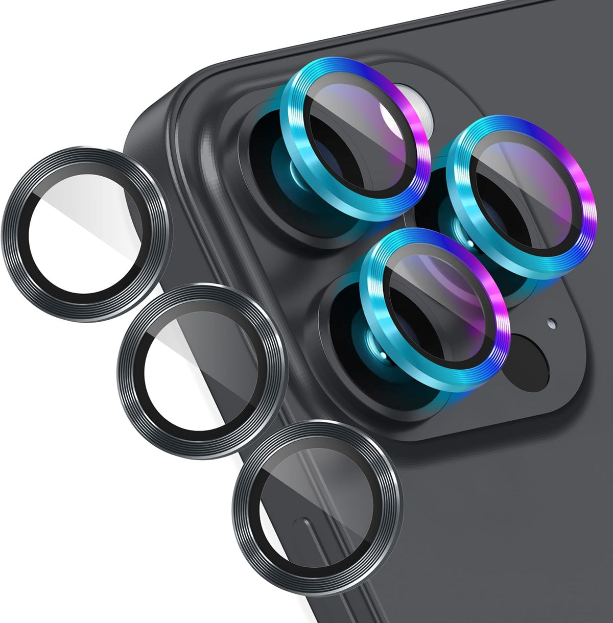 AGVEE 3+3 Camera Lens Protector for iPhone 15 Pro 6.1" / 15 Pro Max 6.7", Brushed Metal Ring 9H Tempered HD Glass Camera Protector Cover Film, Black