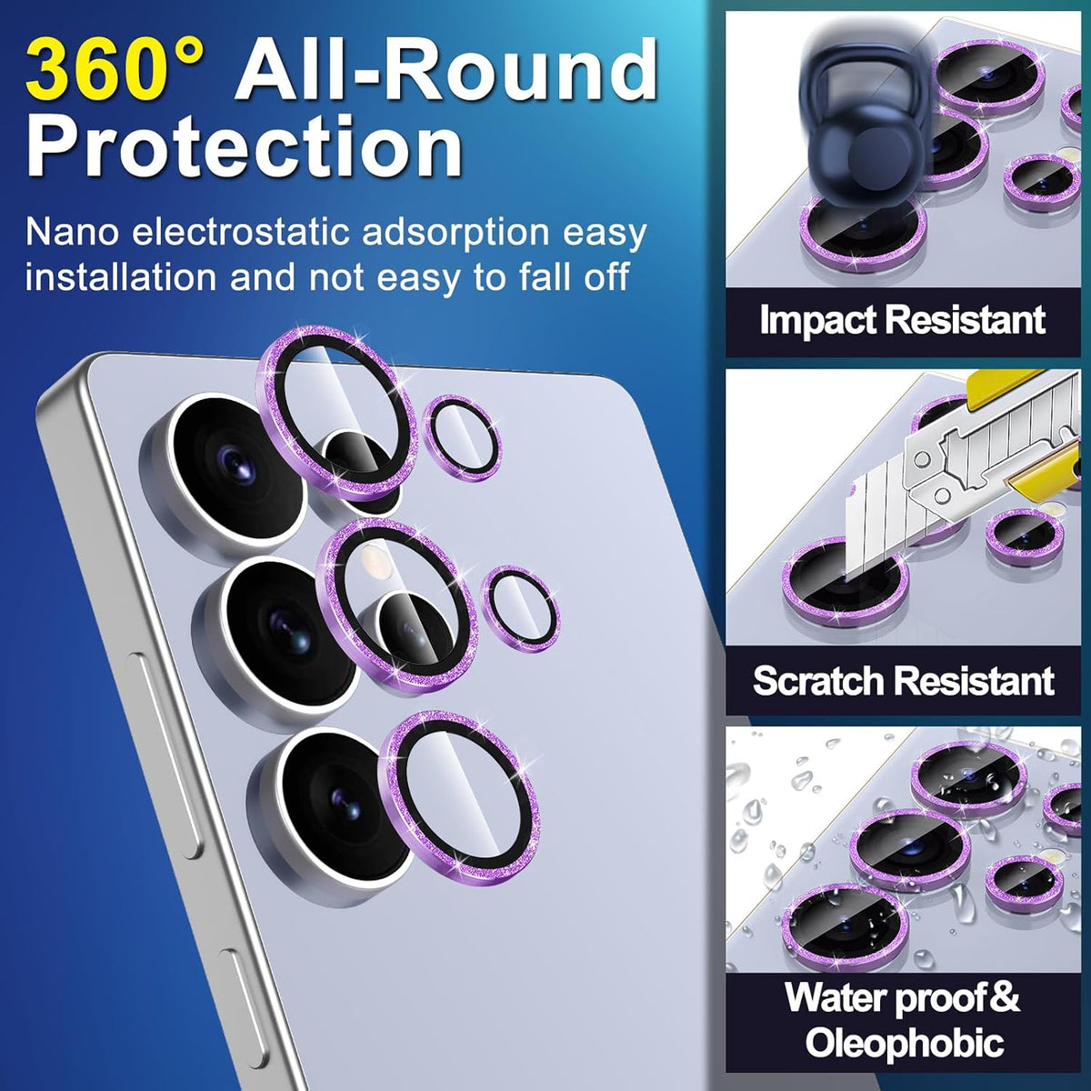 for Samsung Galaxy S25 Ultra Camera Lens Protector, Individual Metal Ring Tempered Glass Lens Cover, [Strong Adsorption] Scratch Resistant Ultra-Thin HD Clear Lens Cover, 1 Set-Purple Sparkly