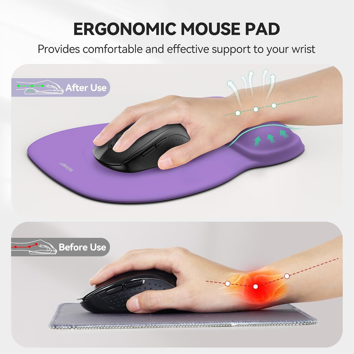 TECKNET Gel Mouse Pad with Wrist Rest, Ergonomic Office Mousepad with Wrist Support - Non-Slip & Smooth Surface Comfortable Desk Accessories Mat for Office, Gaming and Study - Purple