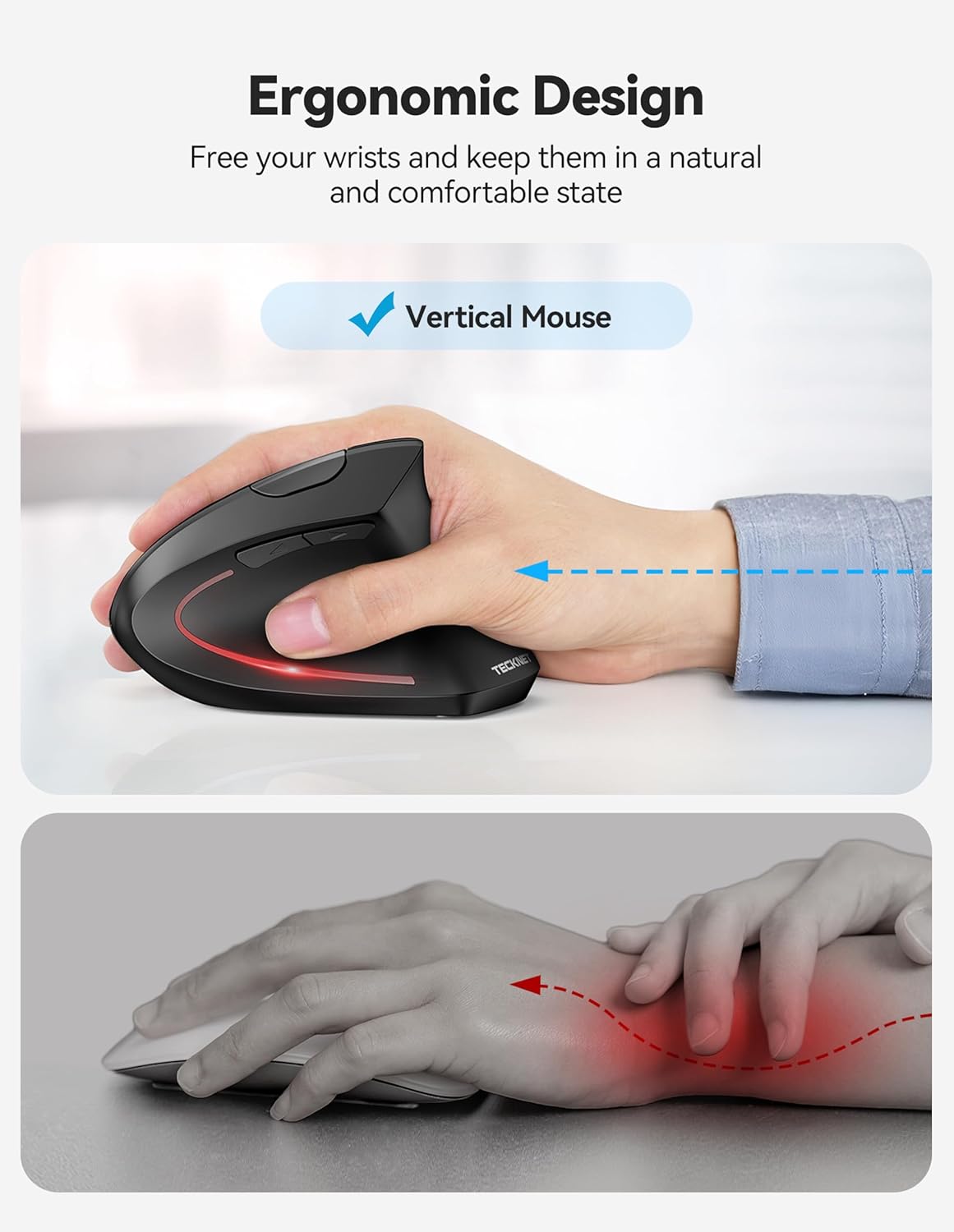 TECKNET Ergonomic Mouse with Jiggler, Bluetooth Wireless Vertical Mouse, 4800DPI Rechargeable Carpal Tunnel Mouse, Undetectable Random Movement Keeps Computers Awake for PC, Laptop
