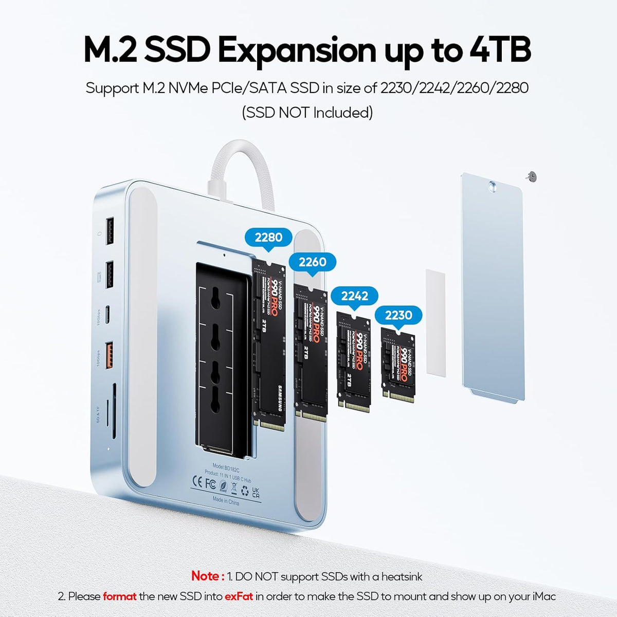 Upgraded 11 in 1 USB C Hub for iMac 24 inch USB Hub 2021 2023 2024 Support M.2 SSD (NOT Included), iMac Hub M1 M3 M4 Accessories, 4K HDMI, 2.5G Ethernet, 5 USB A/C Max 10Gbps, SD/TF - Blue