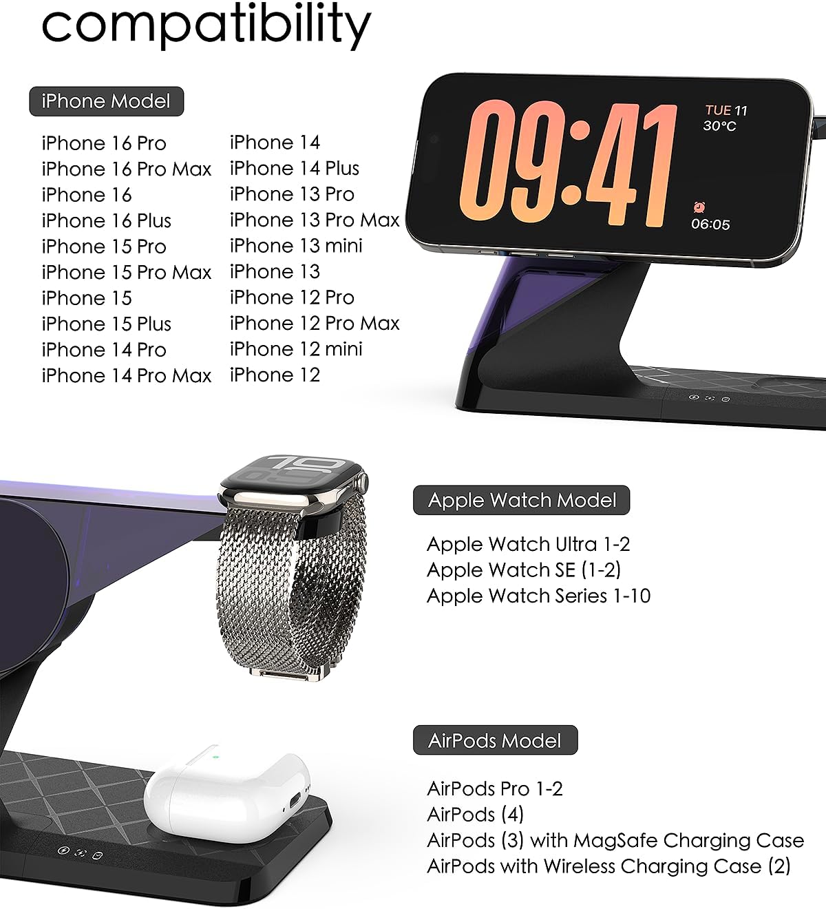 3 in 1 Charging Station for Apple Devices, Mag-Safe Charger Stand, Wireless Charger for iPhone 16/15/14/13/12 Series,& AirPods,& iWatch