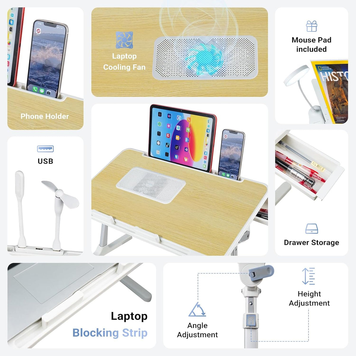Laptop Lap Desk Include Cooling Fan,Adjustable Lap Desk with Light Fan,Folding Laptop Desk for Bed with USB,Bed Desk with Storage Drawer 60x40cm,White Oak