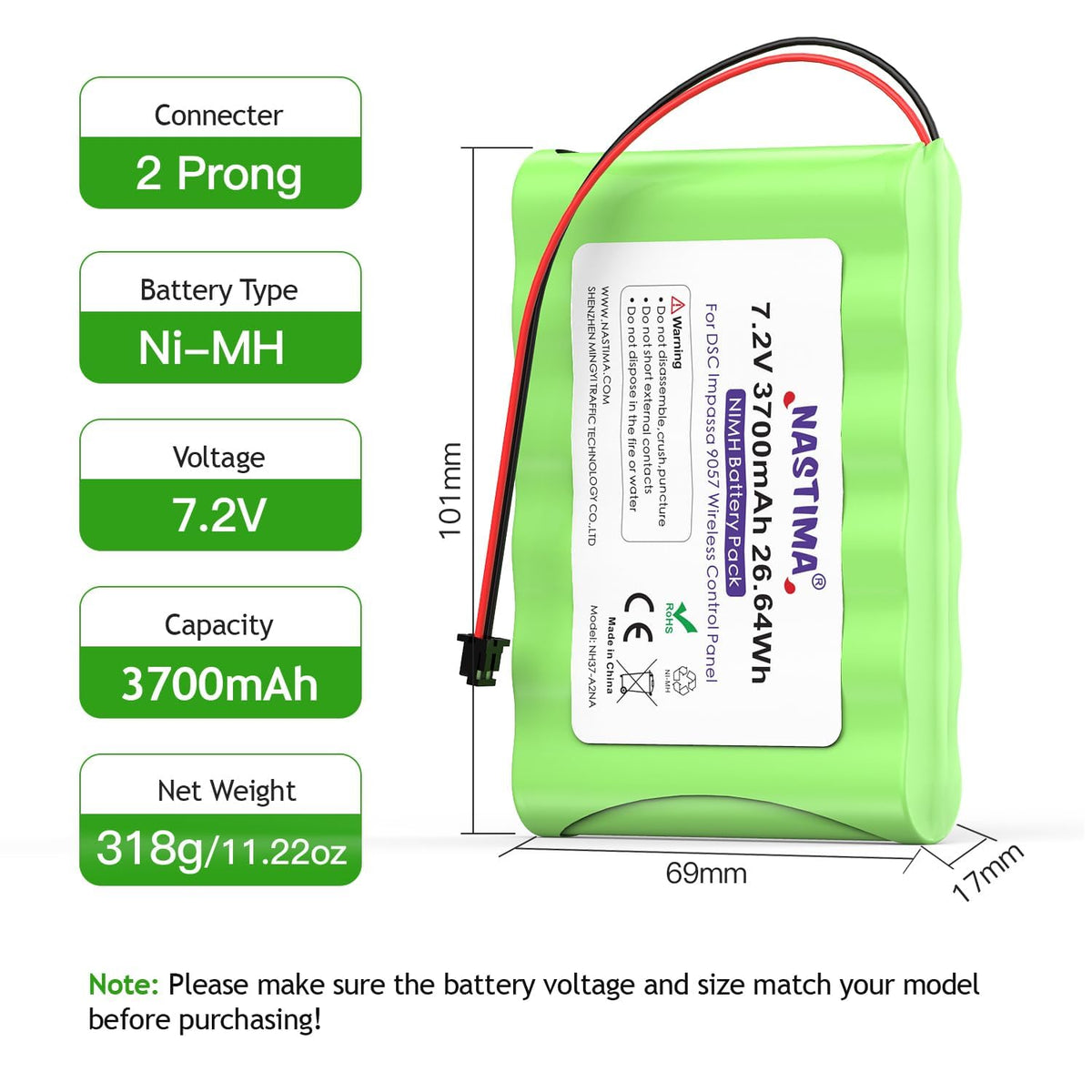 NASTIMA NIMH Battery Replacement for ADT DSC IMPASSA 9057 SCW9055 SCW9057 BH7236-SS 17000145 17000152 Wireless Home Security System | 7.2V 3700mAh