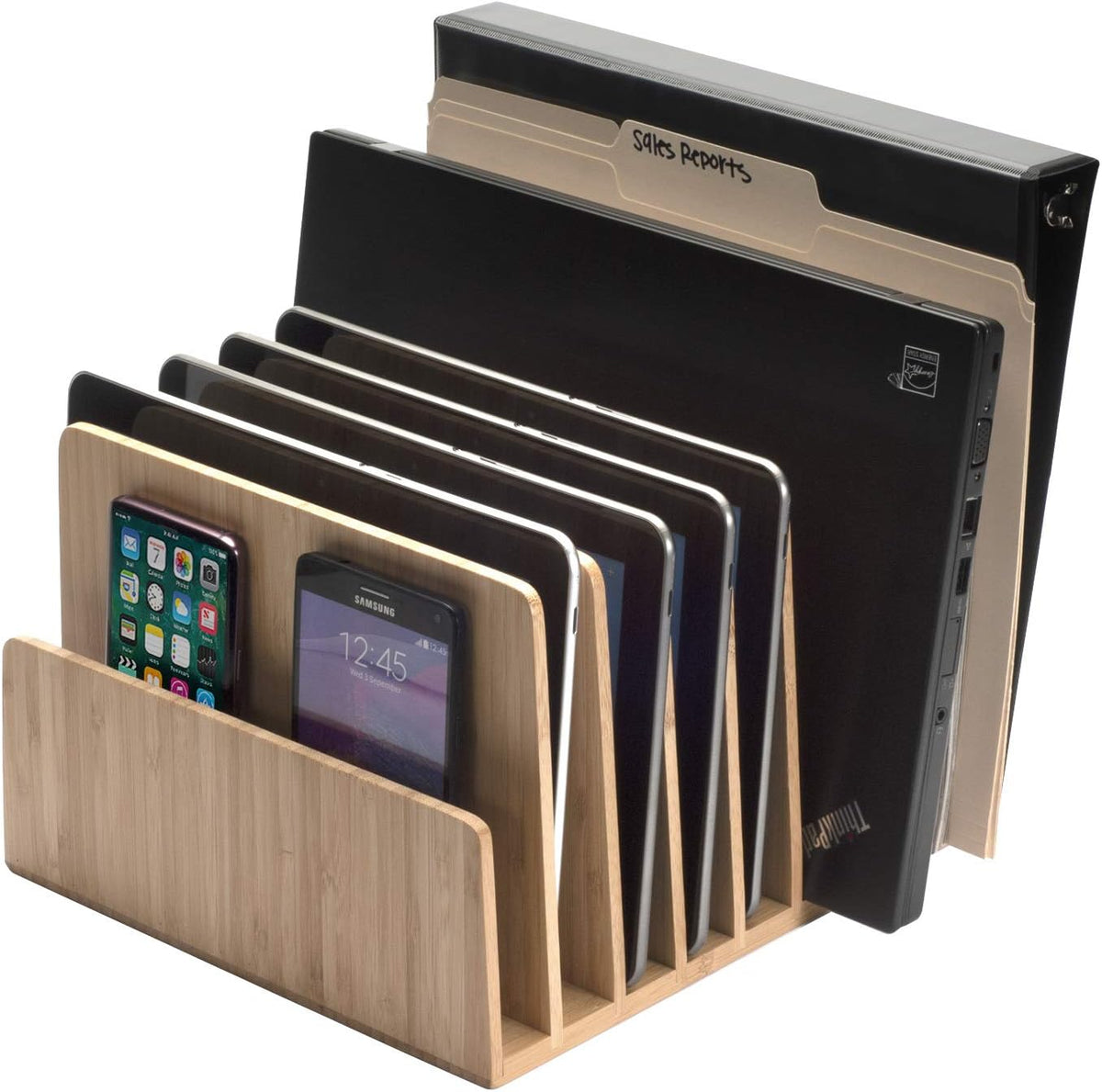 MobileVision Bamboo Device Organizer for Smartphones, Tablets and Laptops, 7 Slots With Extra Wide Slots for Laptops
