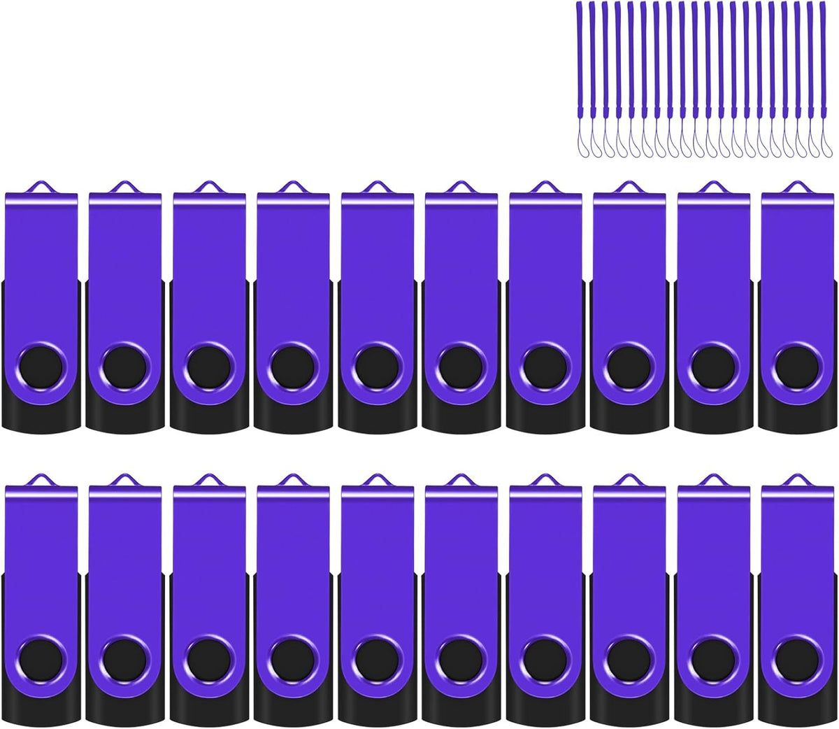 EASTBULLUSB Flash Drive Bulk 16GB 20 Pack with Lanyards USB 2.0 Thumb Drive Bulk Memory Stick Swivel Pen Drive for Storage and Backup 16GB 20 Pack, Purple