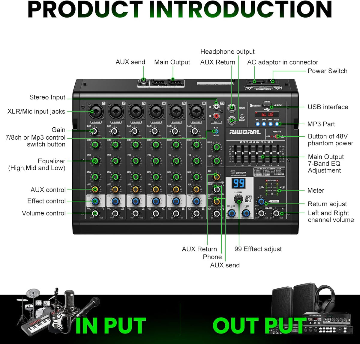 8 Channel Audio Interface DJ Mixing Sound Board 16 DSP Digital Effects With 40khz/24bit Bluetooth USB Rac Interface As Mp3 Player Audio Mixer For Karaoke Streaming Recording