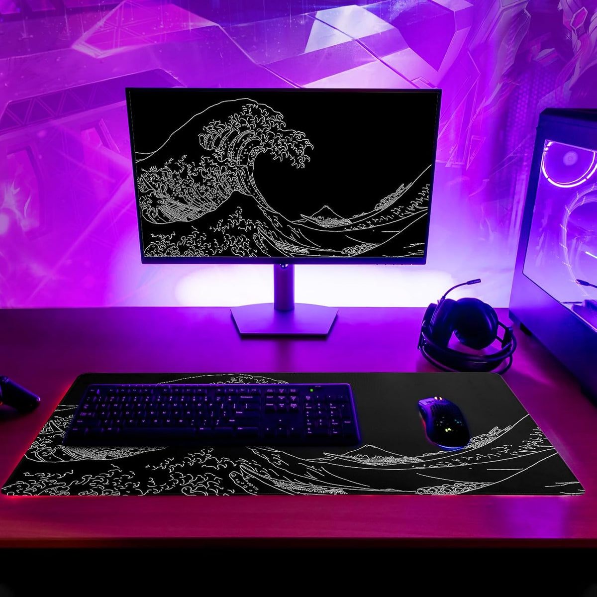 Japanese Sea Wave Large Mouse Pad Abstract Black Mouse Pad 31.5x11.8 Inch Black Kanagawa Texture Non-Slip Rubber Base Large Ocean Mousepad Stitched Edge Keyboard Mouse Mat Desk Pad for Office and Home