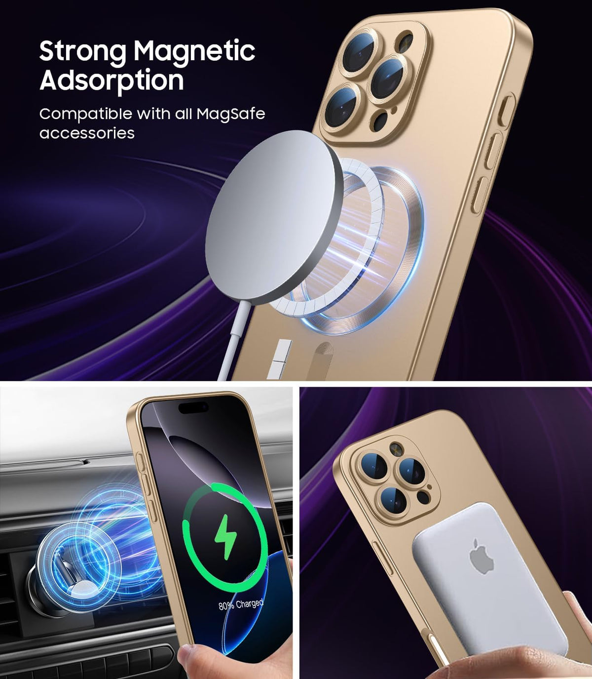 Magnetic for iPhone 16 Pro Max Case [Compatible with MagSafe][Built-in Camera Lens Protector] Slim Soft Silicone Bumper Shockproof Metallic Luster Phone Case (Gold)