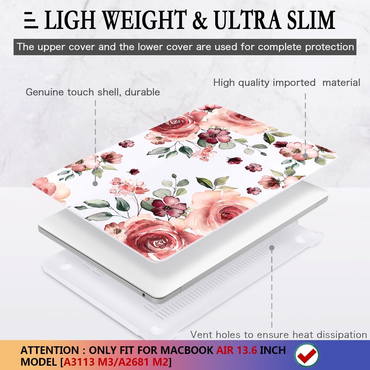 CISSOOK for MacBook Air 13.6 inch Case 2025 2024 2022 Release A3240 A3113 A2681, Matte Hard Shell Case Flower Cover with Keyboard Cover + USB Adapter for MacBook Air 13.6 M2 M3 M4 with Touch ID