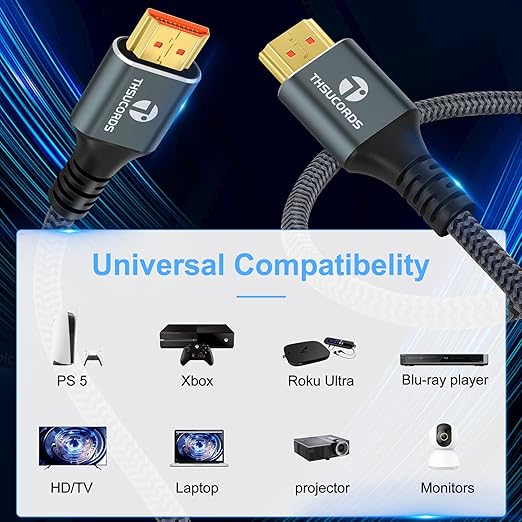 Thsucords 8K 4K HDMI Cable 6.6FT, High Speed Braided HDMI to HDMI 2.1 Cord Supports 8K@60Hz, 4K@120Hz 144Hz 48Gbps Compatible with Roku TV/PS5/HDTV/Blu-ray