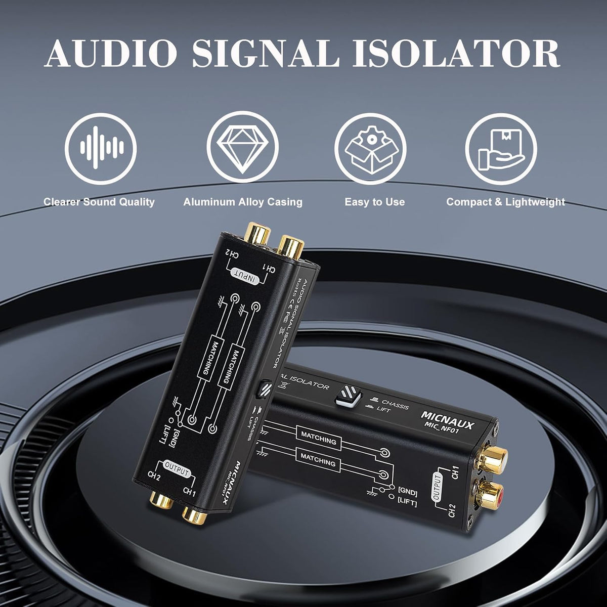 Audio Hum Eliminator Ground Loop Noise Isolator (No Affects Bass), Dual Channel Gold Coating Aluminum Shell Noise