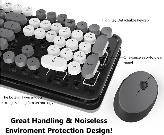 Wireless Keyboard Mouse Combo Colorful Mouse and Keyboard Combo 104 Keys Cute Wireless Keyboard with Number Pad for Windows Computer PC Notebook Laptop (Grey)