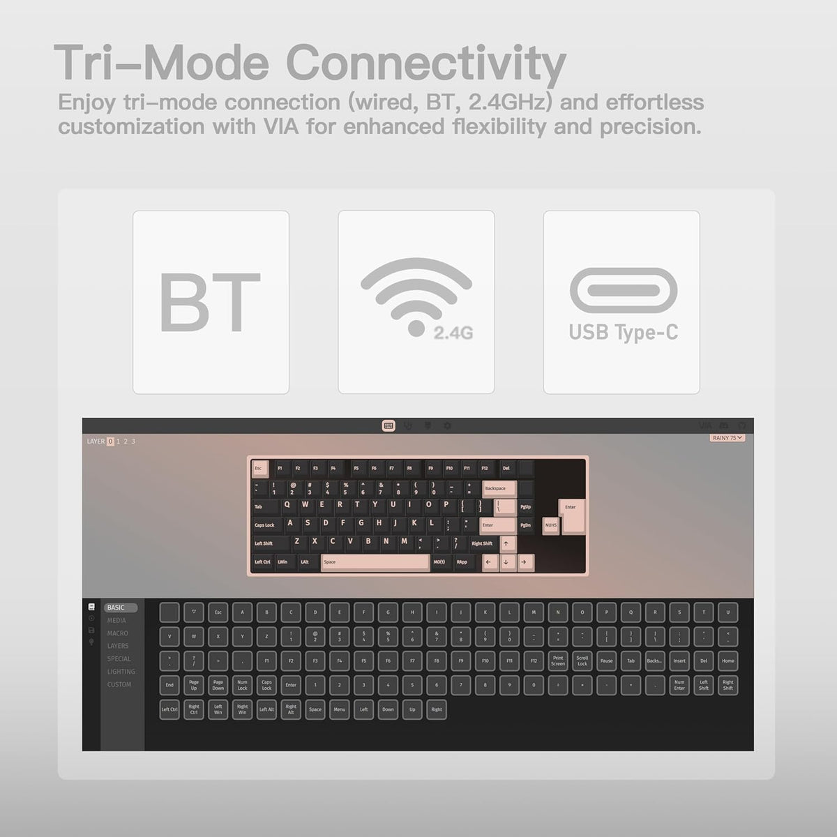 KEEBMONKEY WOBKEY Rainy 75 CNC Aluminum HMX/JWK/Cocoa Switches Triple-Mode Connectivity Mechanical Keyboard with Superior Acoustics, RGB/PP/Mirrored Glass/3500mAh/Violet Switch (Standard - Silver)