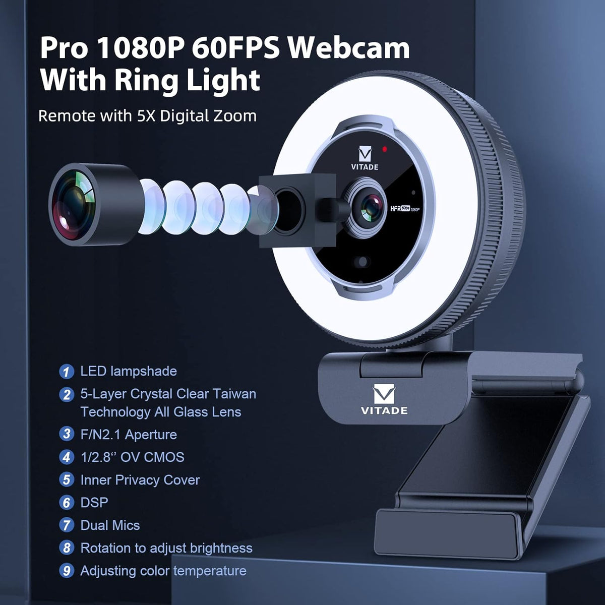 Zoomable Webcam with Remote Control, 1080P 60FPS Streaming with Ring Light and Microphone, Pro USB Webcam with 5X Digital Zoom and Privacy Cover for Zoom/Skype/Teams/PC/Laptop/Mac